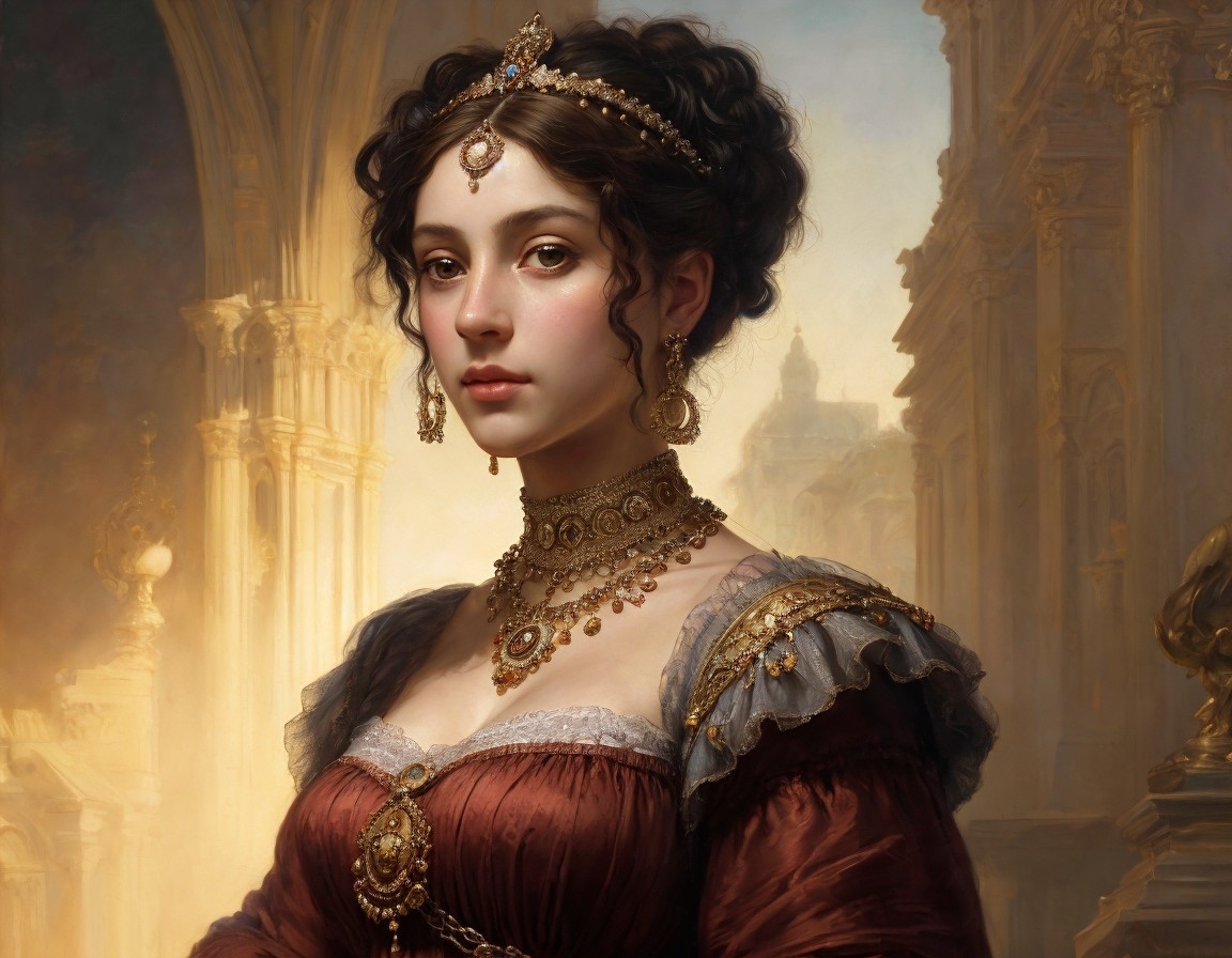 Portrait of a woman in red gown with gold jewelry