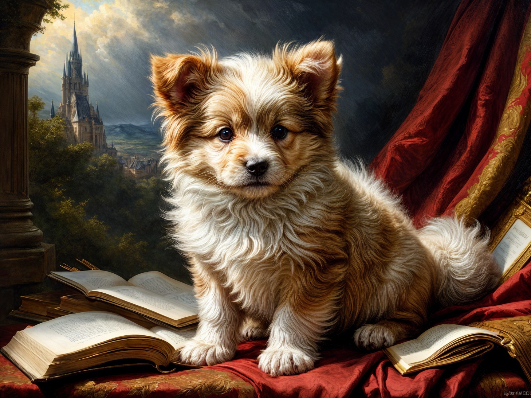 Fluffy Dog on Open Books with Castle Background