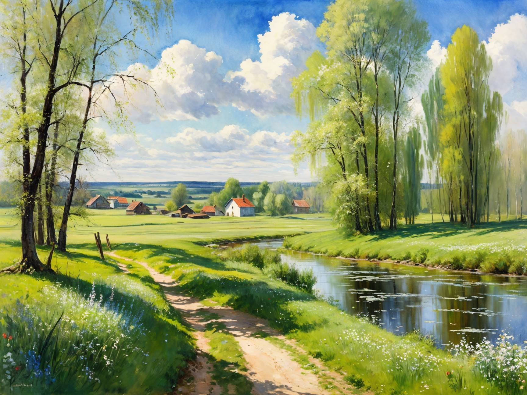 Serene Landscape with Winding Path and River