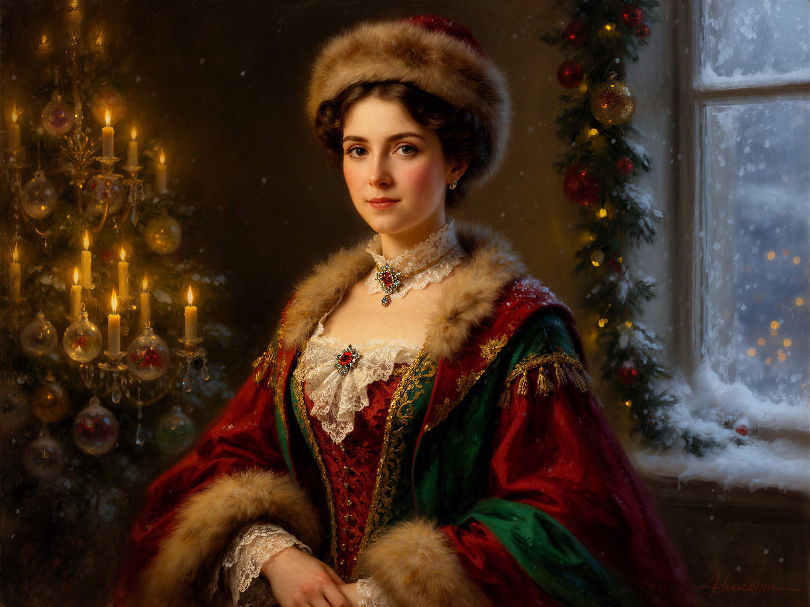 Oil Portrait of Young Woman in Festive Setting