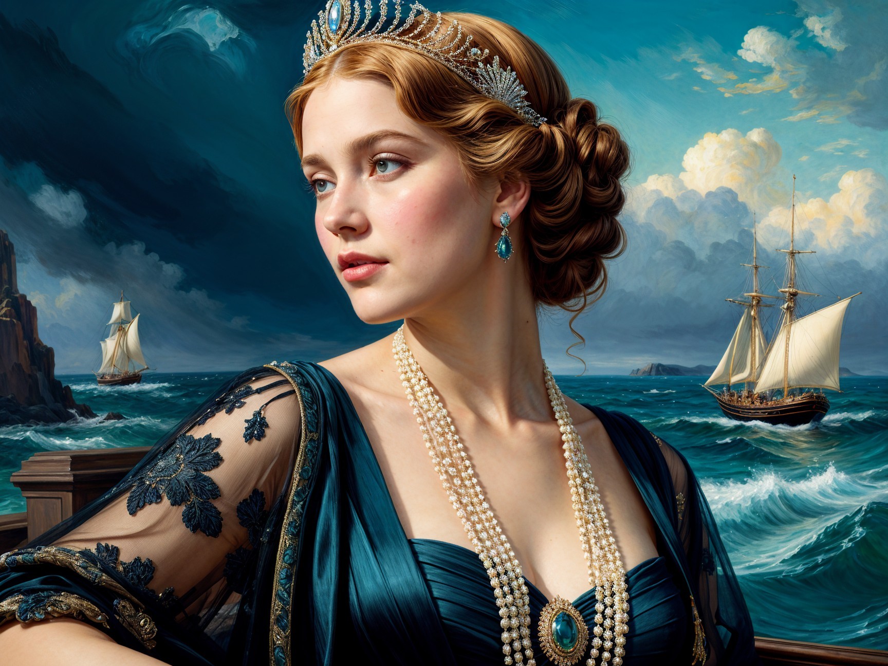 Elegant woman in blue gown by vibrant ocean scene