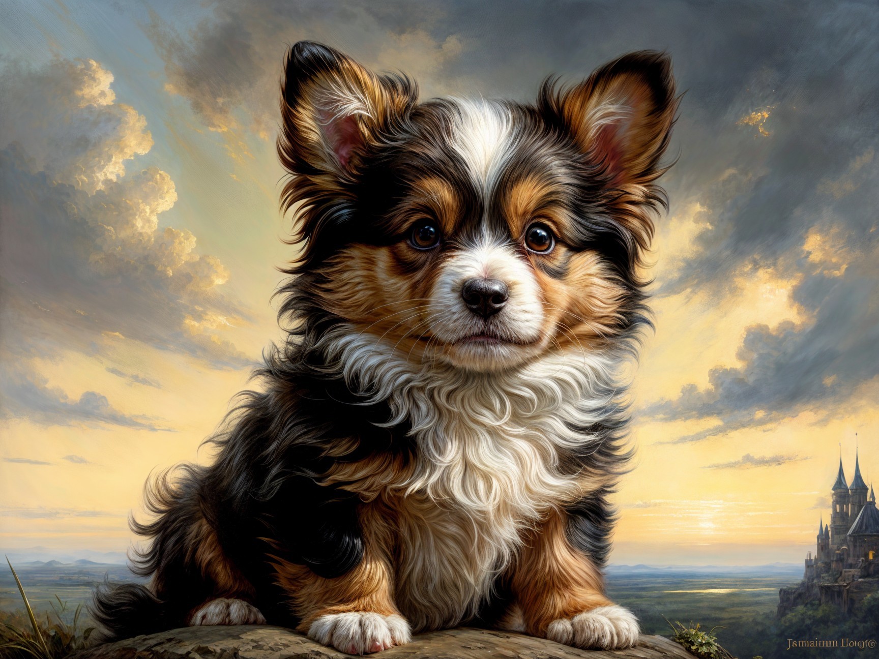 Fluffy Tricolor Puppy Against Dramatic Sunset Sky
