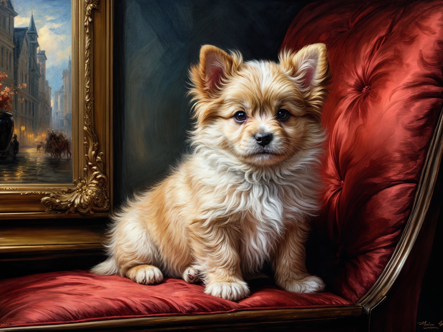 Fluffy Golden-Orange Puppy on Plush Red Chair