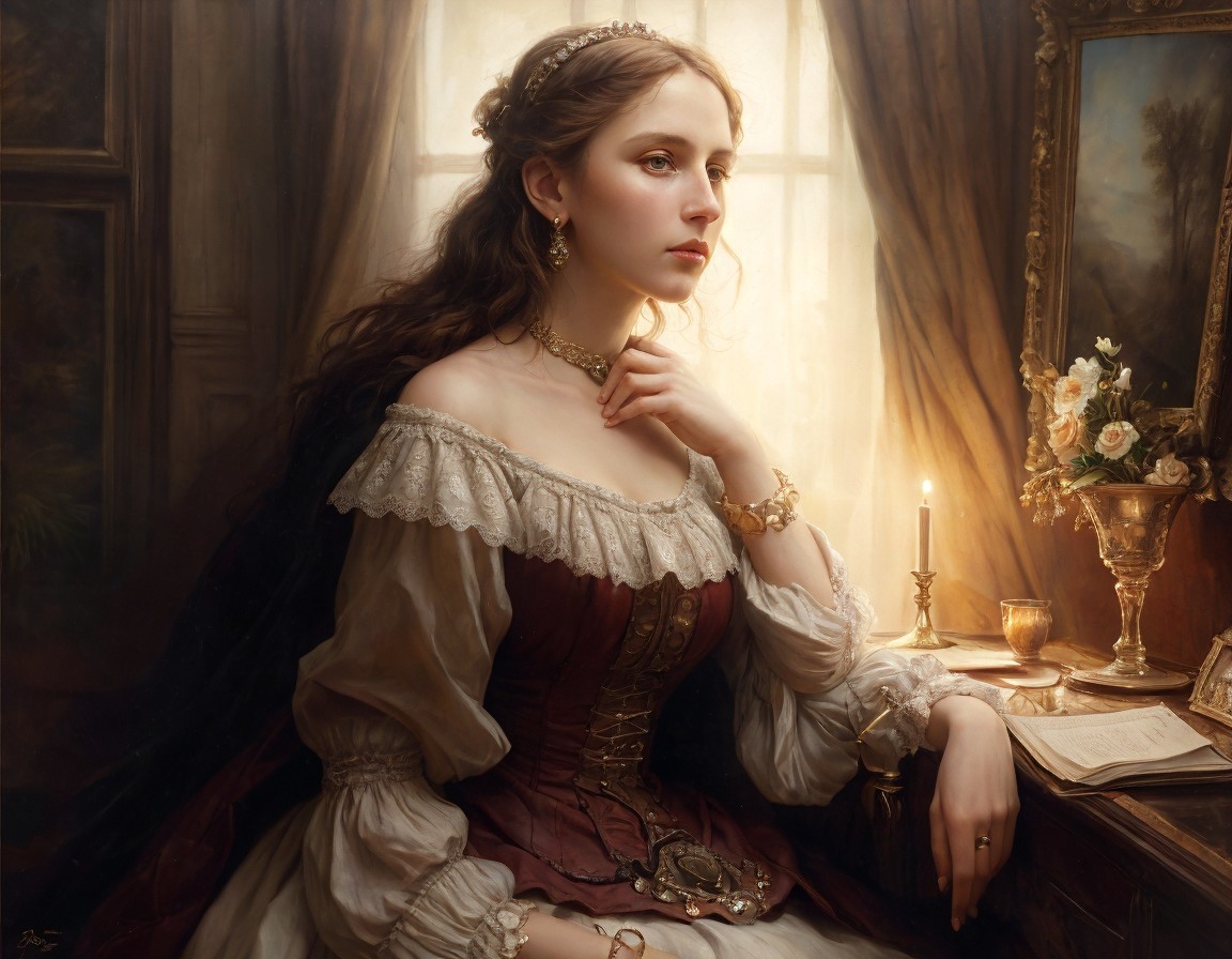 Historical woman portrait in elegant corset, by candlelit table, contemplating near paintings.