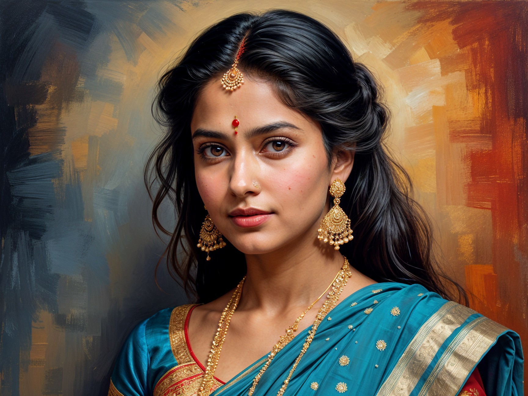 Young Woman in Traditional Blue Saree with Gold Details