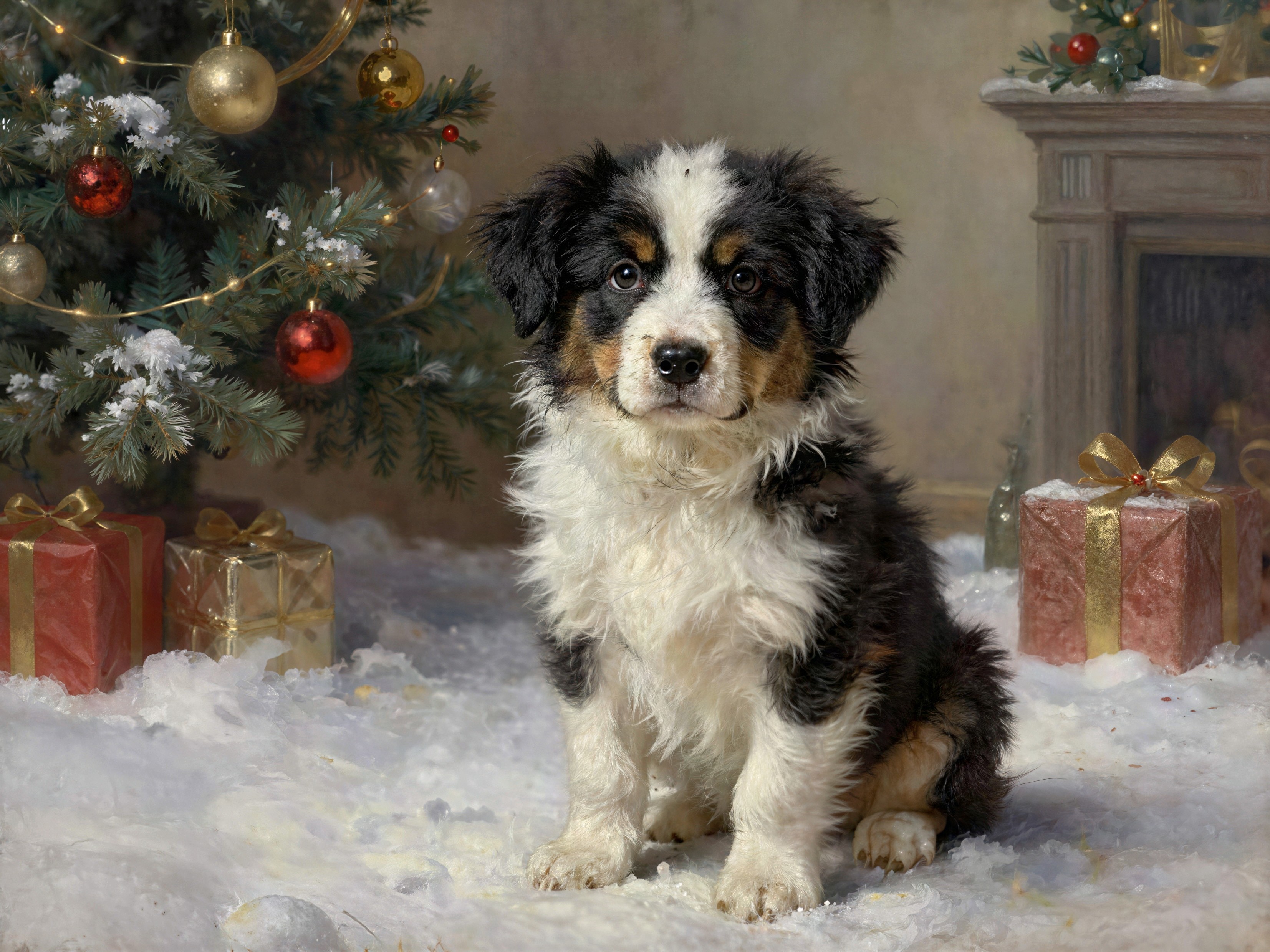 Bernese Mountain Dog Puppy in Snowy Christmas Scene