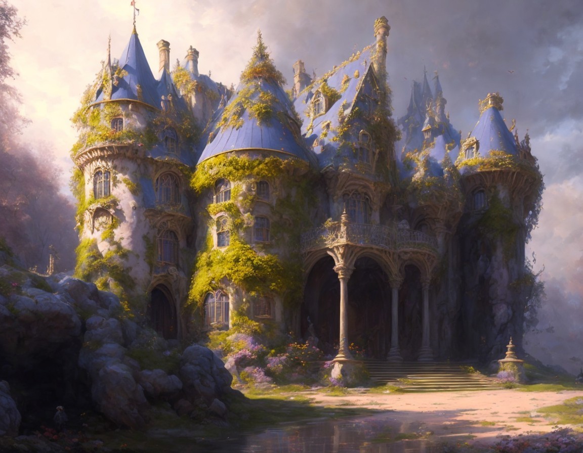 Majestic castle with ivy, spires, and mystical forest
