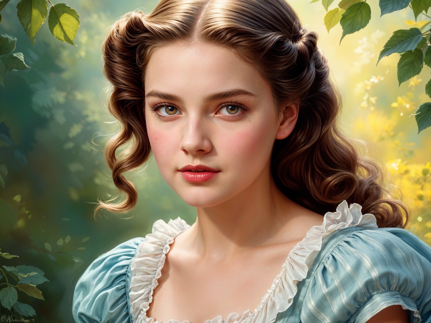 Young woman in light blue dress amid lush greenery