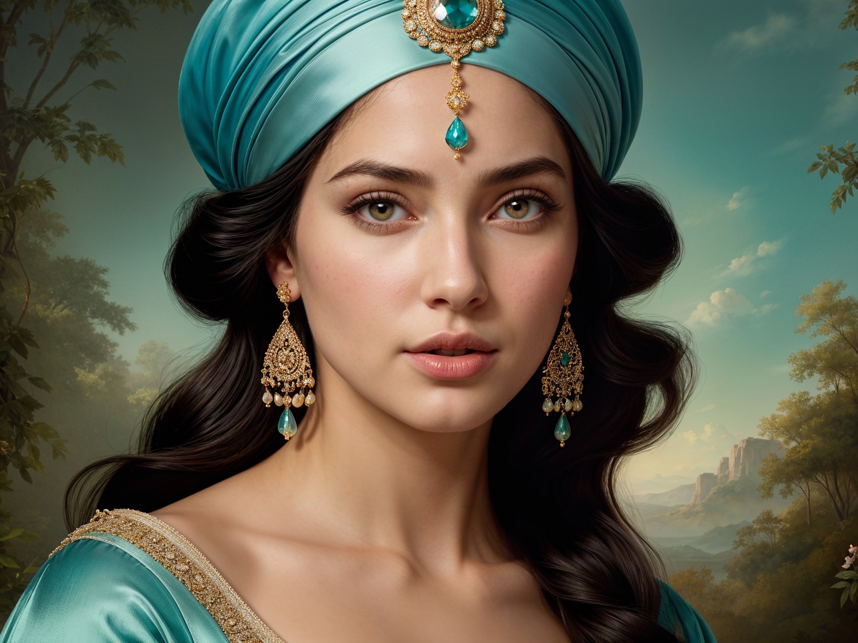 Woman in Blue Turban with Green Eyes and Gold Earrings