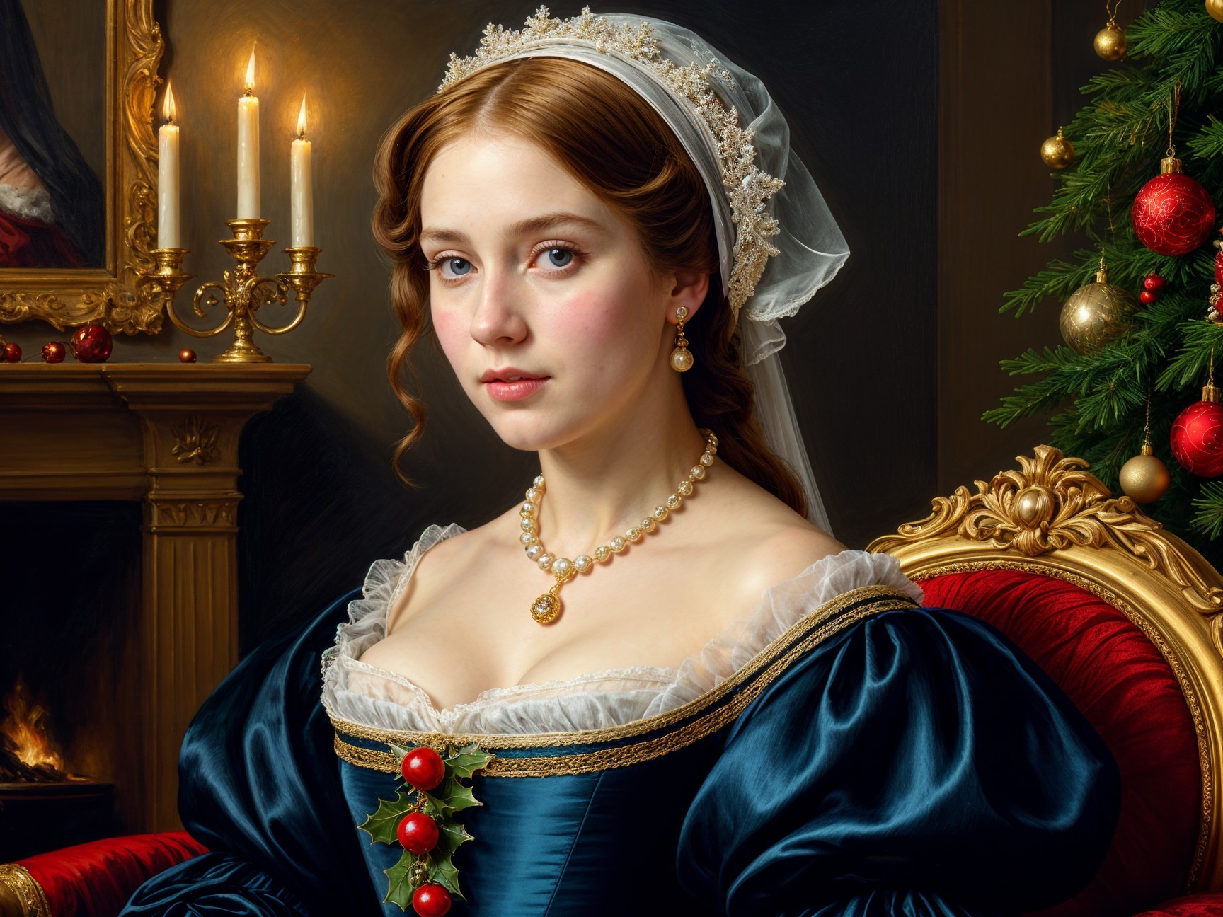 Elegant Woman in Blue Gown by Christmas Tree