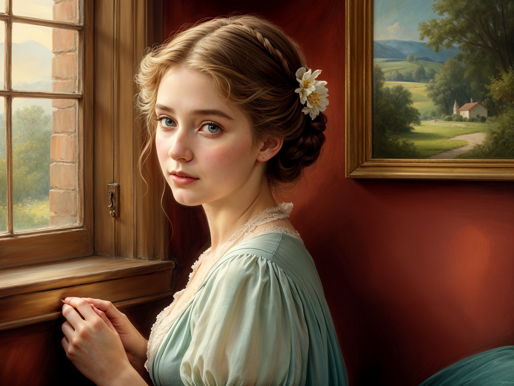 Young Woman in Pastel Attire by Vintage Window