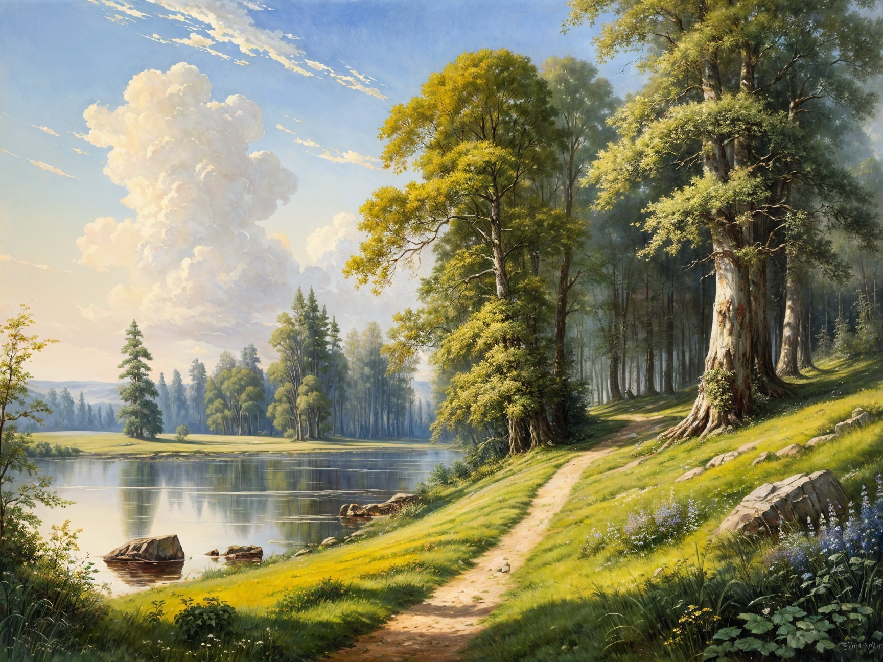 Tranquil Lake Surrounded by Lush Greenery and Flowers