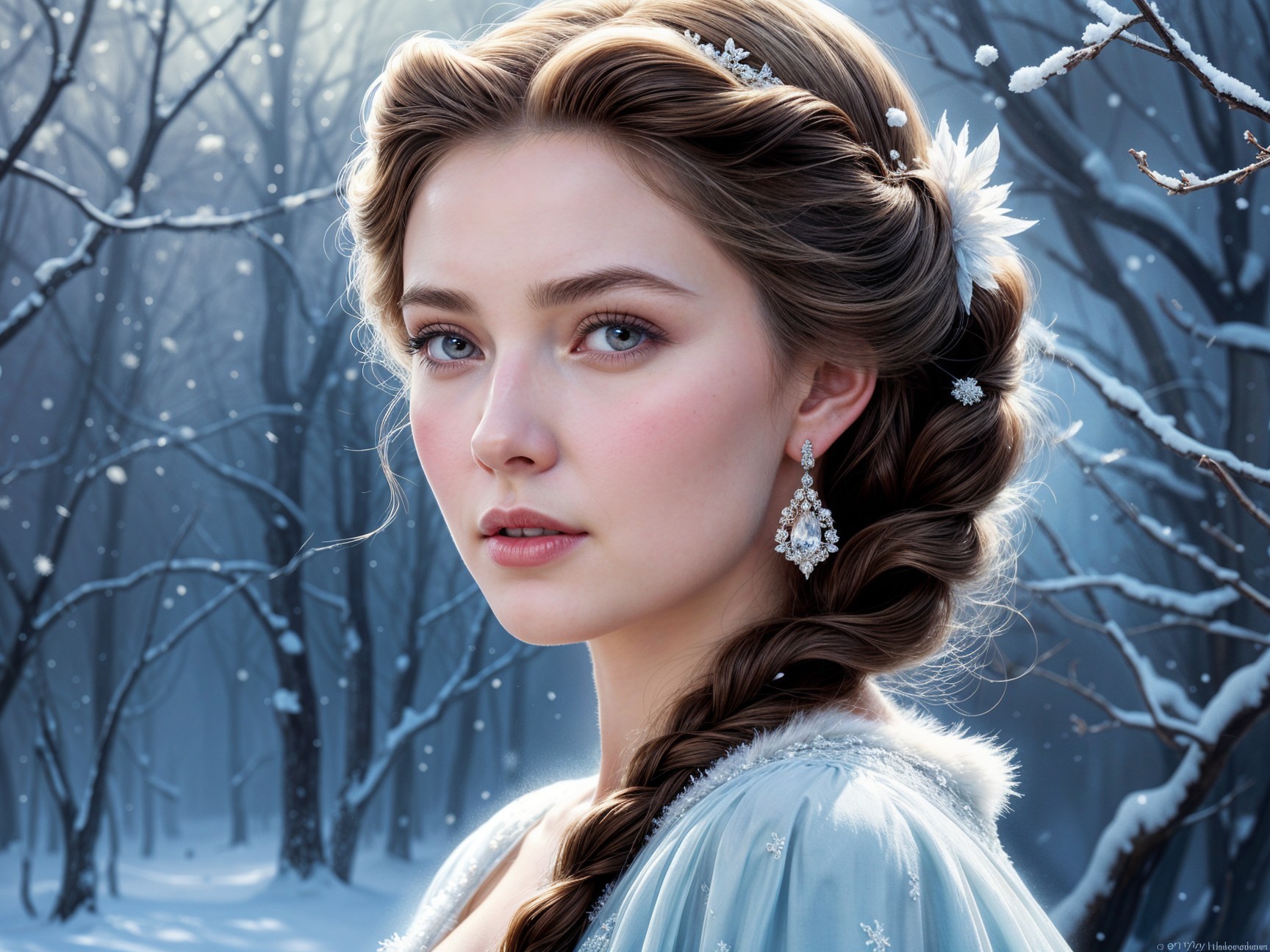 Young woman in blue gown in wintry forest setting