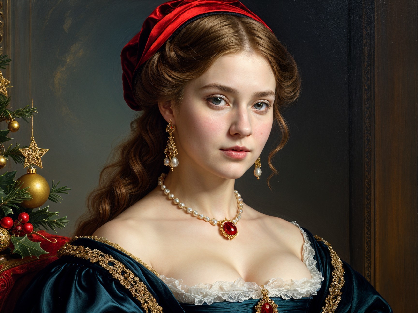 Young Woman in Dark Green Gown with Christmas Tree