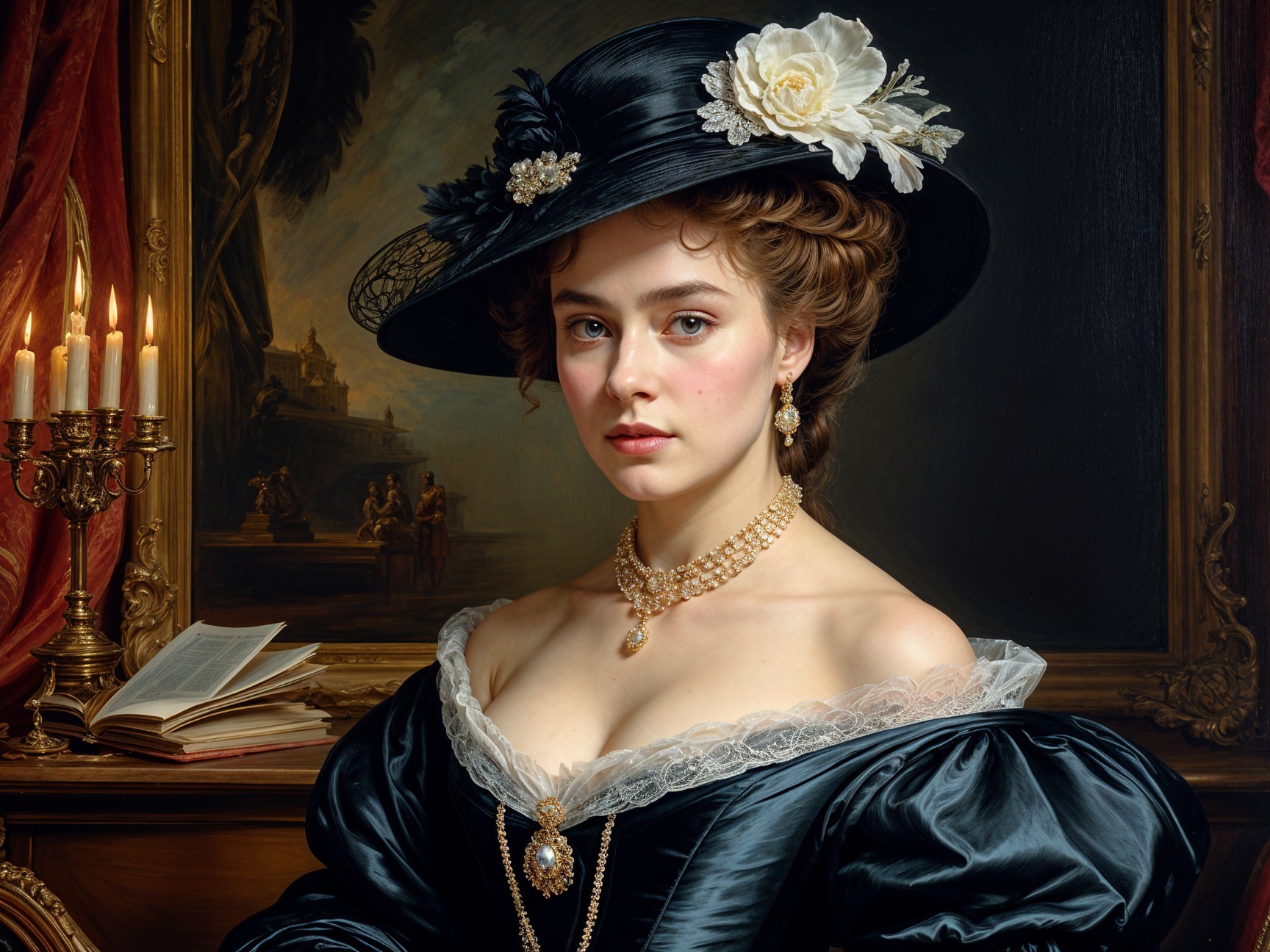 Elegant Woman in Black Dress with Candlelight Setting