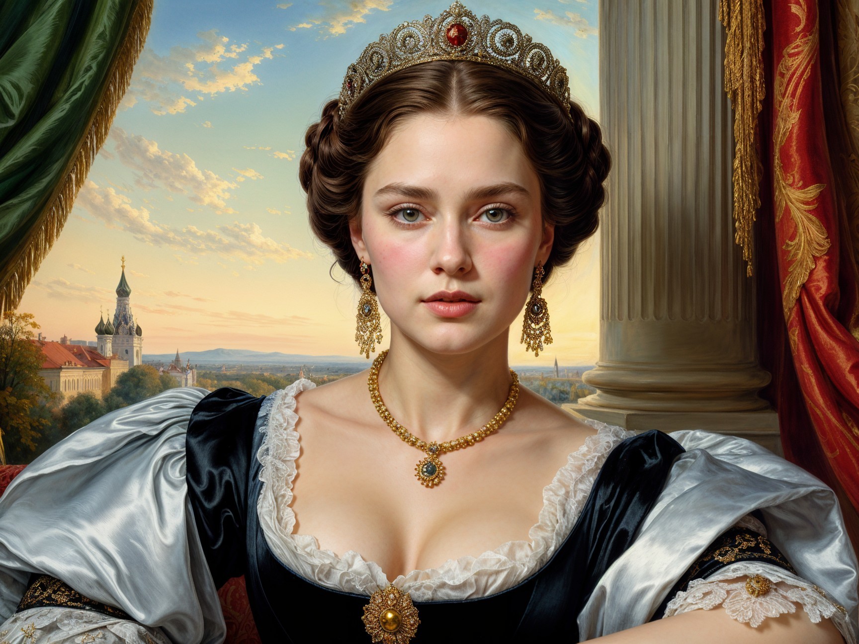 Regal Woman in Elegant Black Gown and Scenic Background