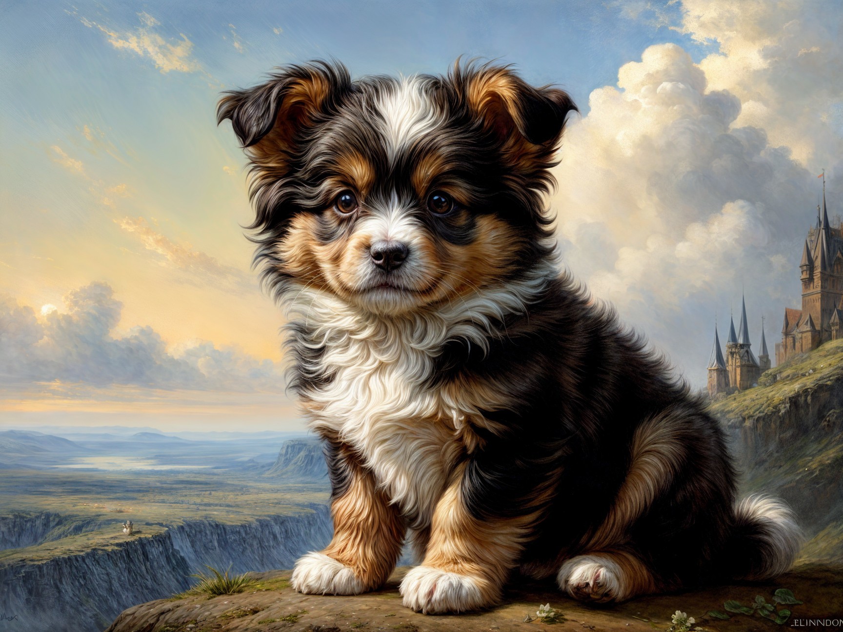 Fluffy Puppy in Scenic Landscape with Castle View