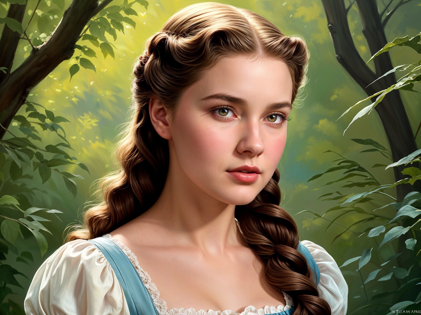 Young woman in blue dress in serene woodland setting