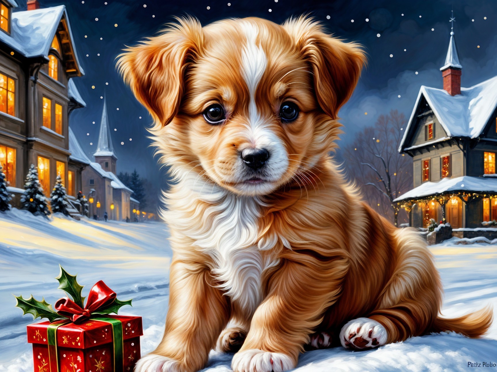 Fluffy Brown Puppy in Snowy Holiday Scene