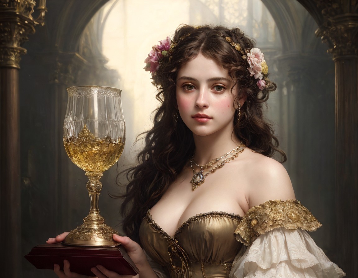 Woman in floral crown and off-shoulder dress with ornate goblet in elegant setting