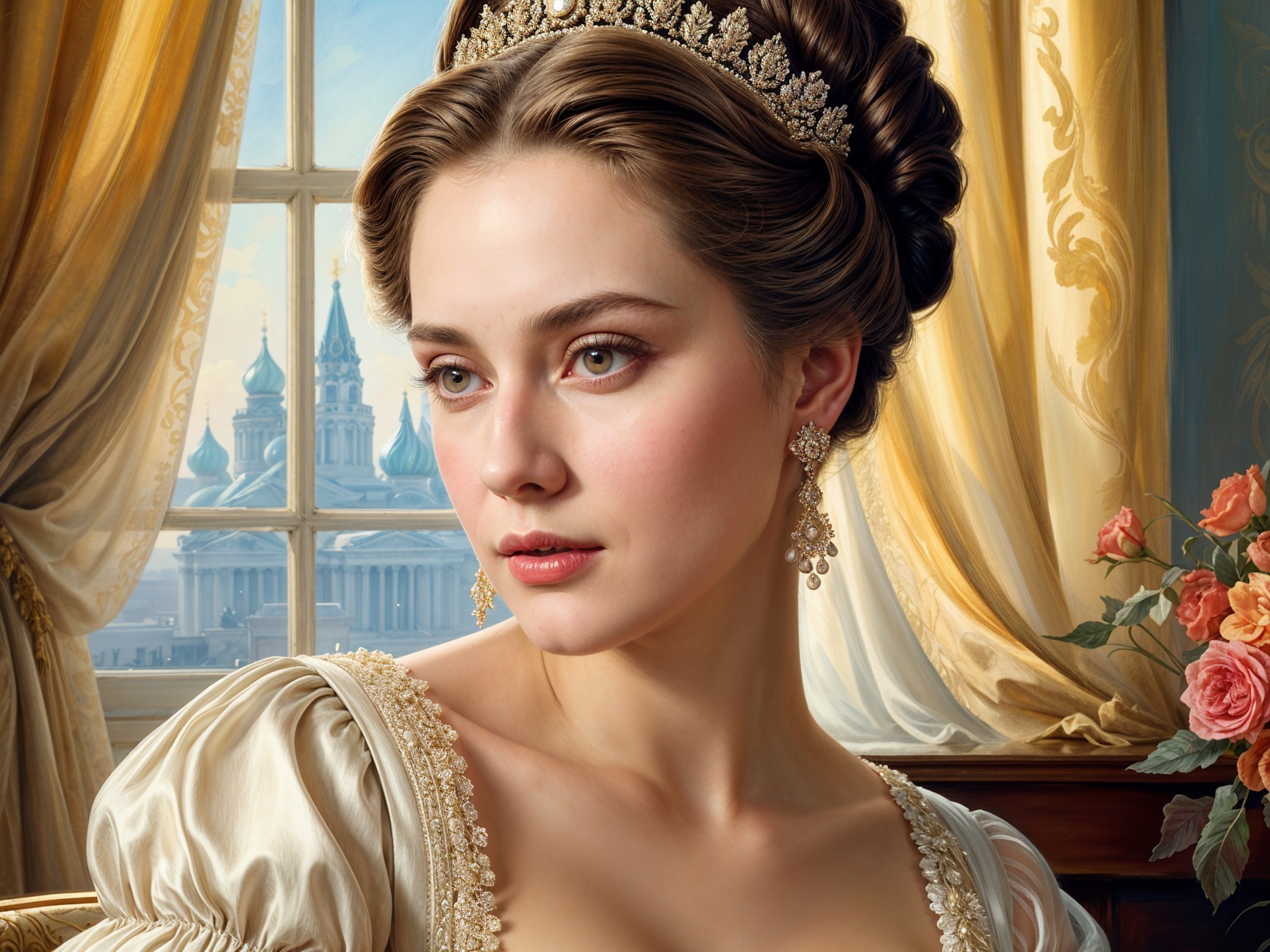 Young woman in luxurious gown with elegant features