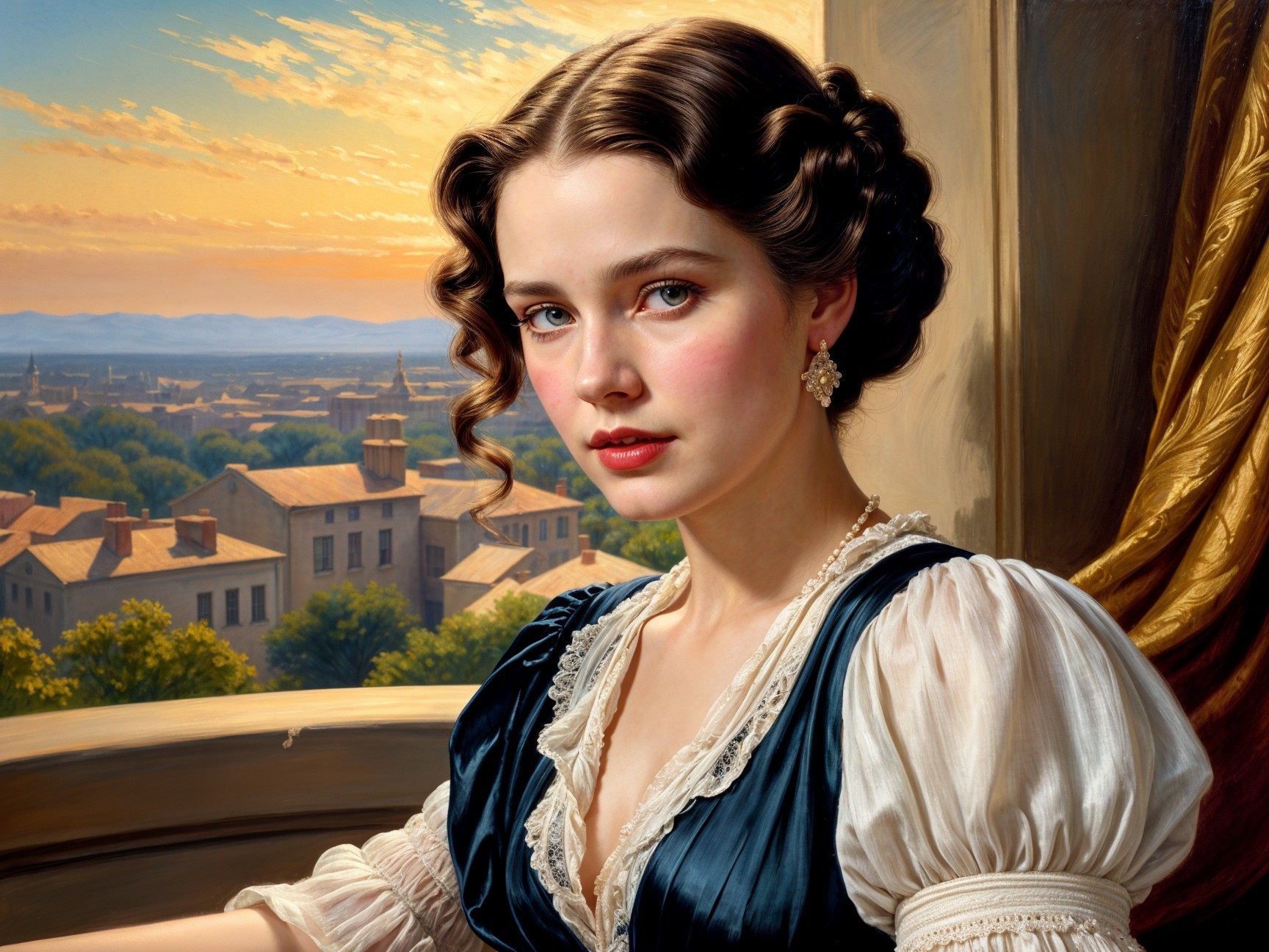 Young Woman in Blue Dress by Sunlit Window