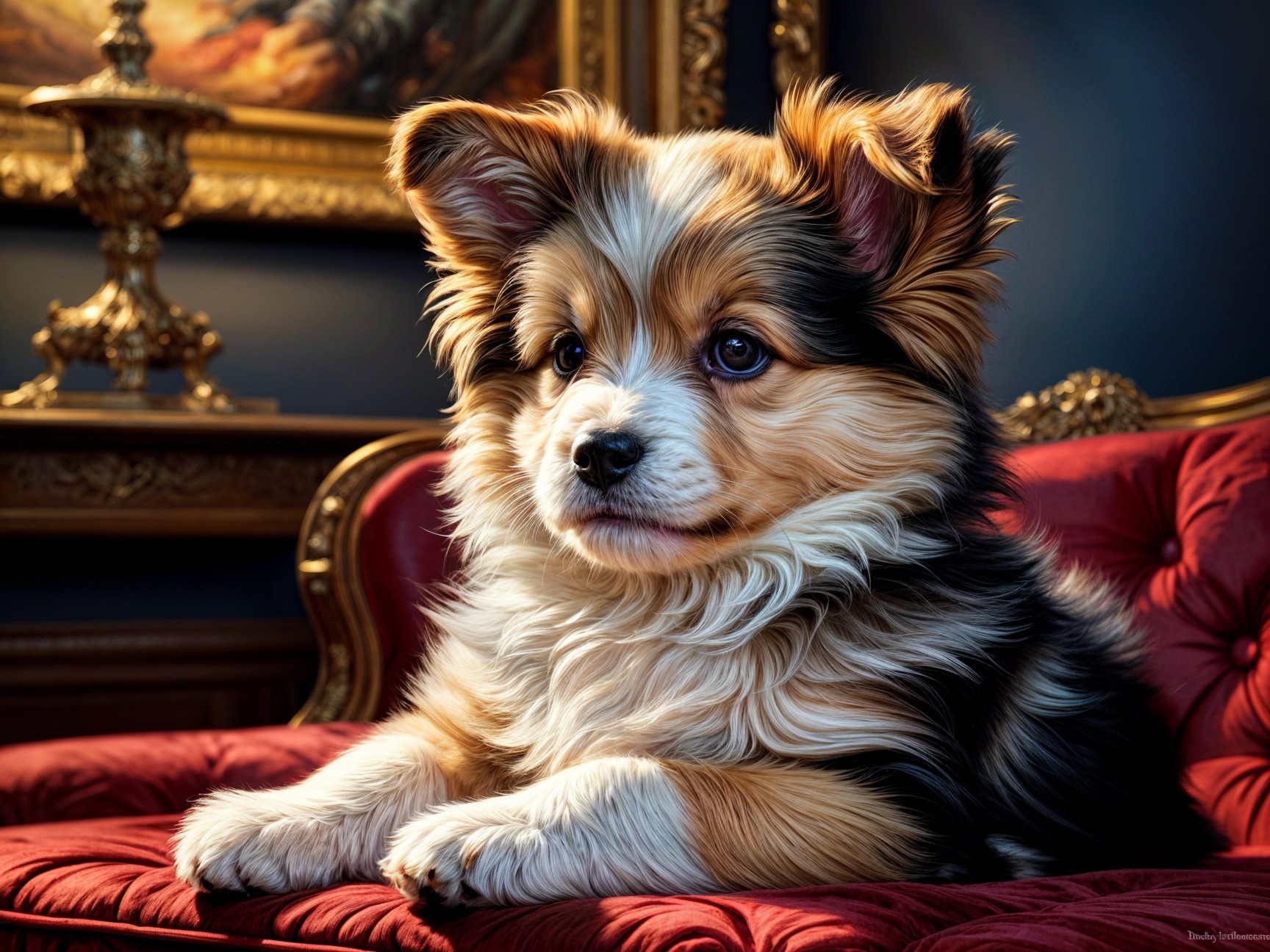 Tri-Colored Puppy on Plush Red Sofa in Luxurious Setting