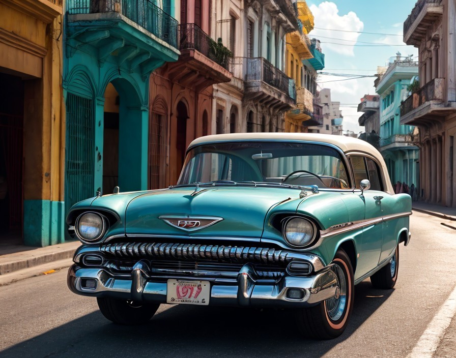 Vintage Turquoise Car on Sunny Street with Colorful Buildings