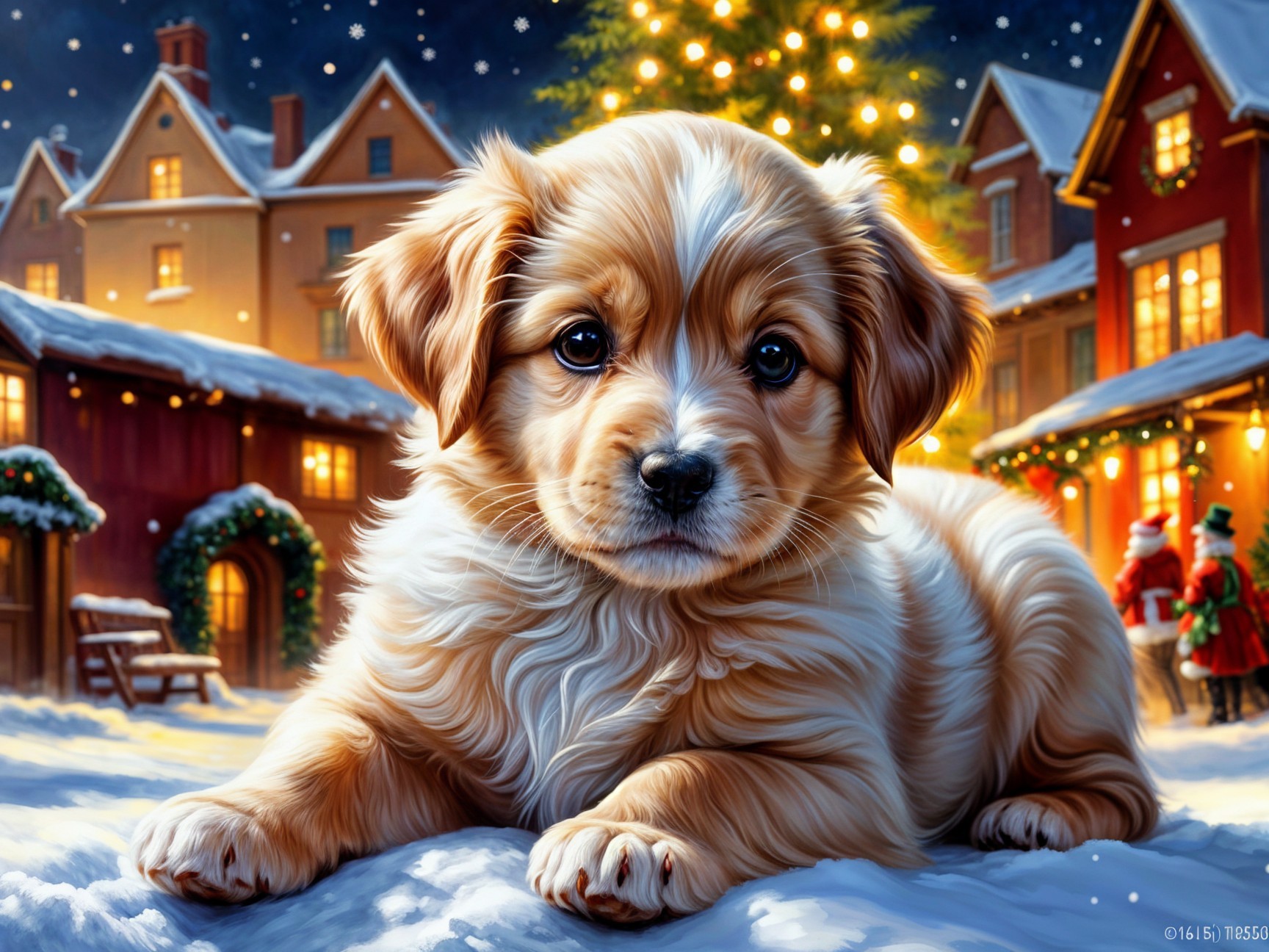 Fluffy Golden Puppy in Snowy Winter Scene