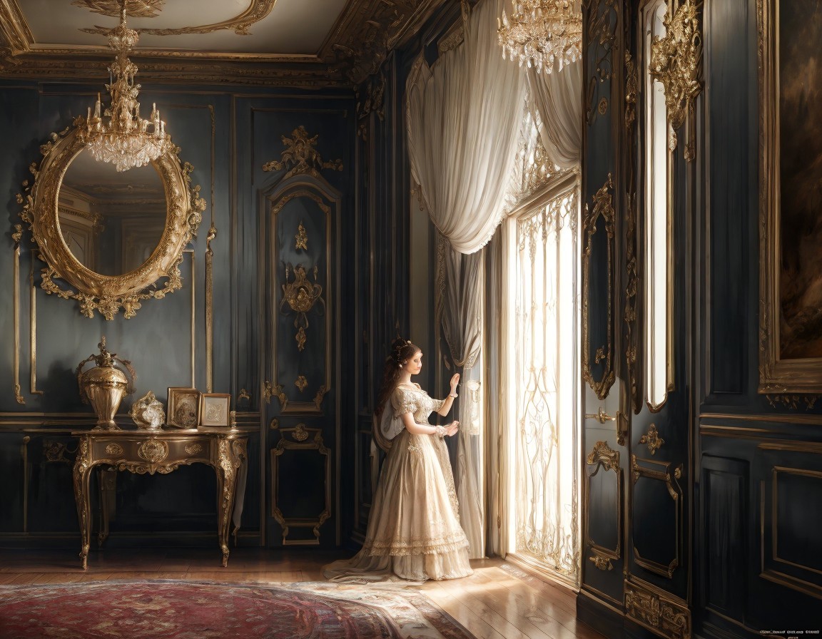 Woman in Vintage Dress in Classic Room Setting
