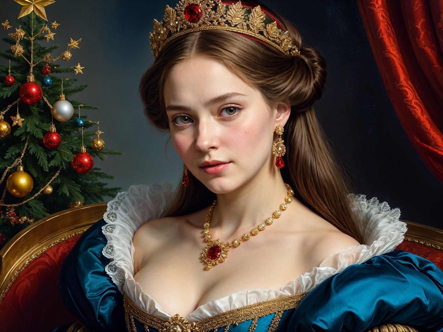 Regal Young Woman in Elegant Blue Gown and Crown