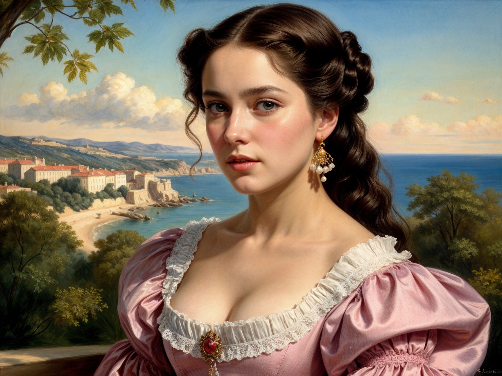 Young woman in vintage pink dress by coastal landscape