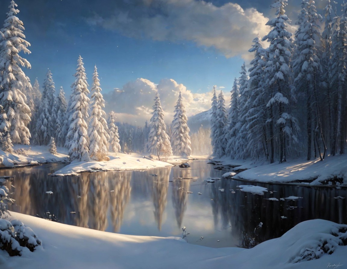 Snowy Twilight Scene: Tranquil River, Snow-Covered Pines