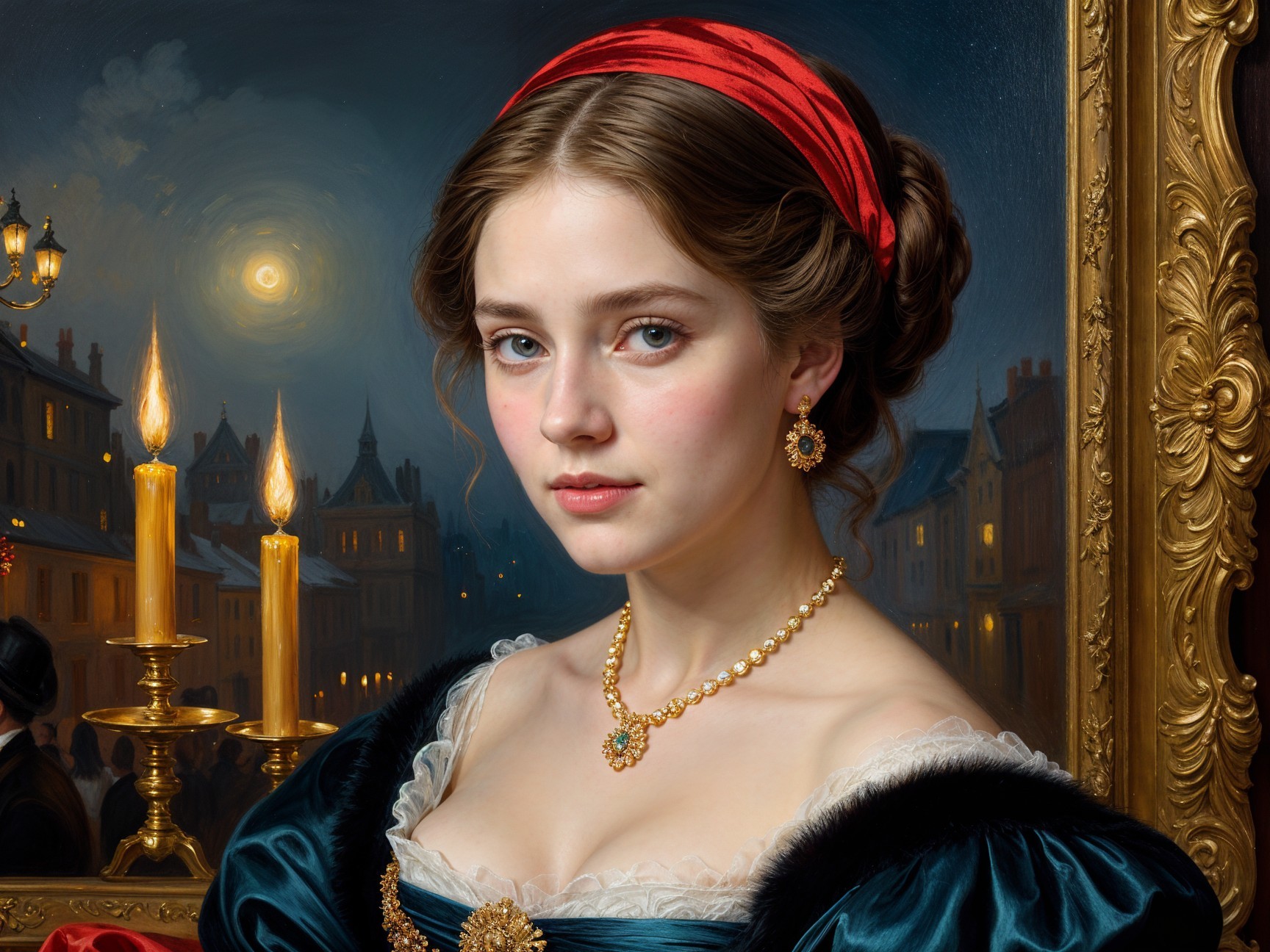 Young woman in dark dress with fur collar and pearls