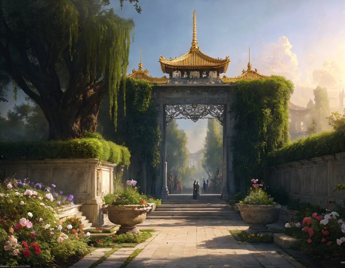 Traditional Asian Gate Surrounded by Foliage and Flower Beds