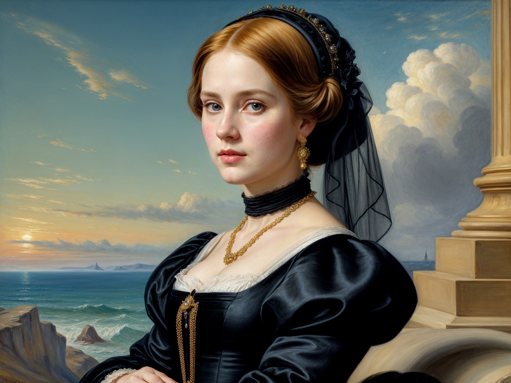 Young woman in elegant black dress by the sea