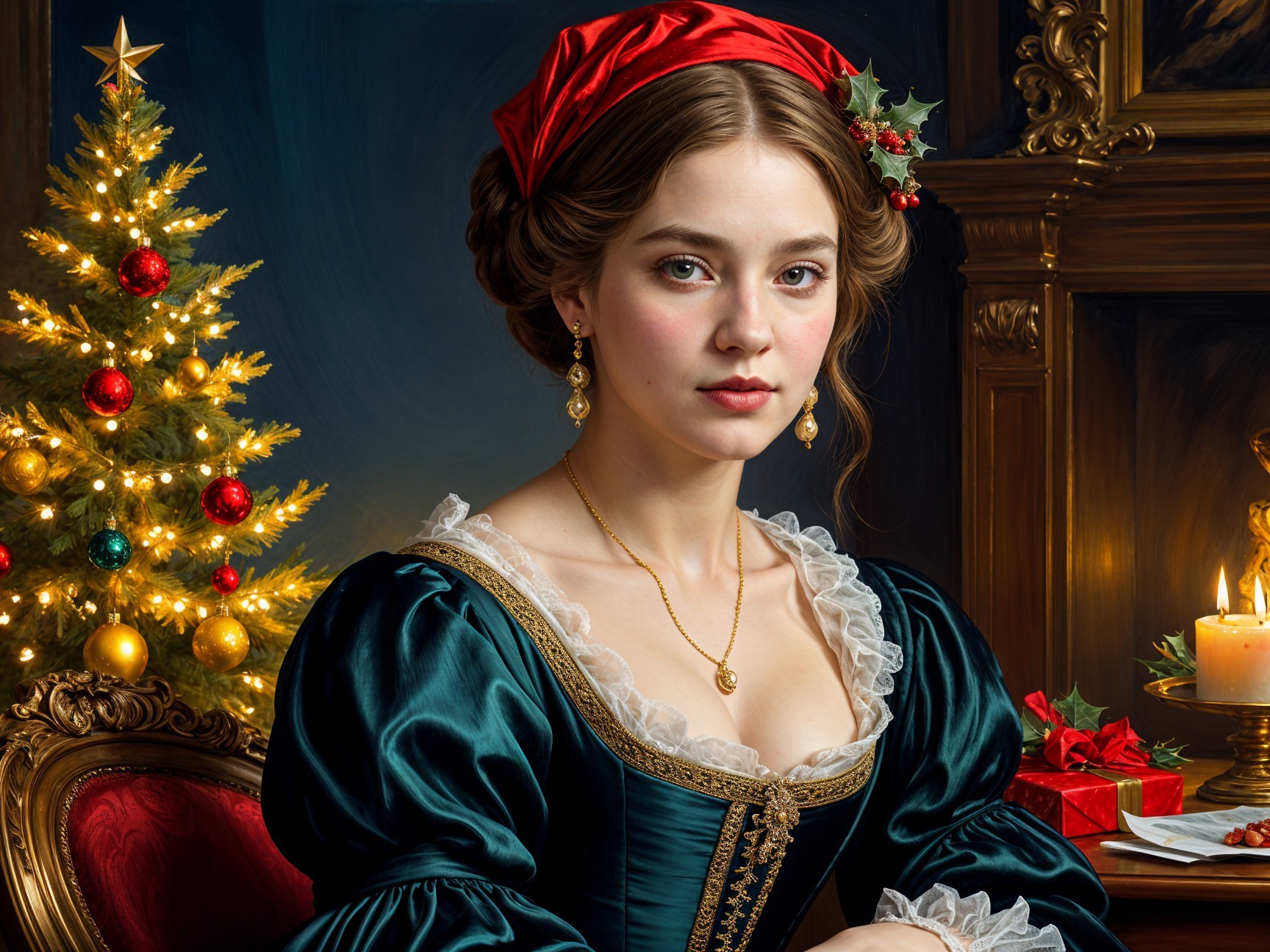 Young Woman in Green Dress Surrounded by Holiday Decor