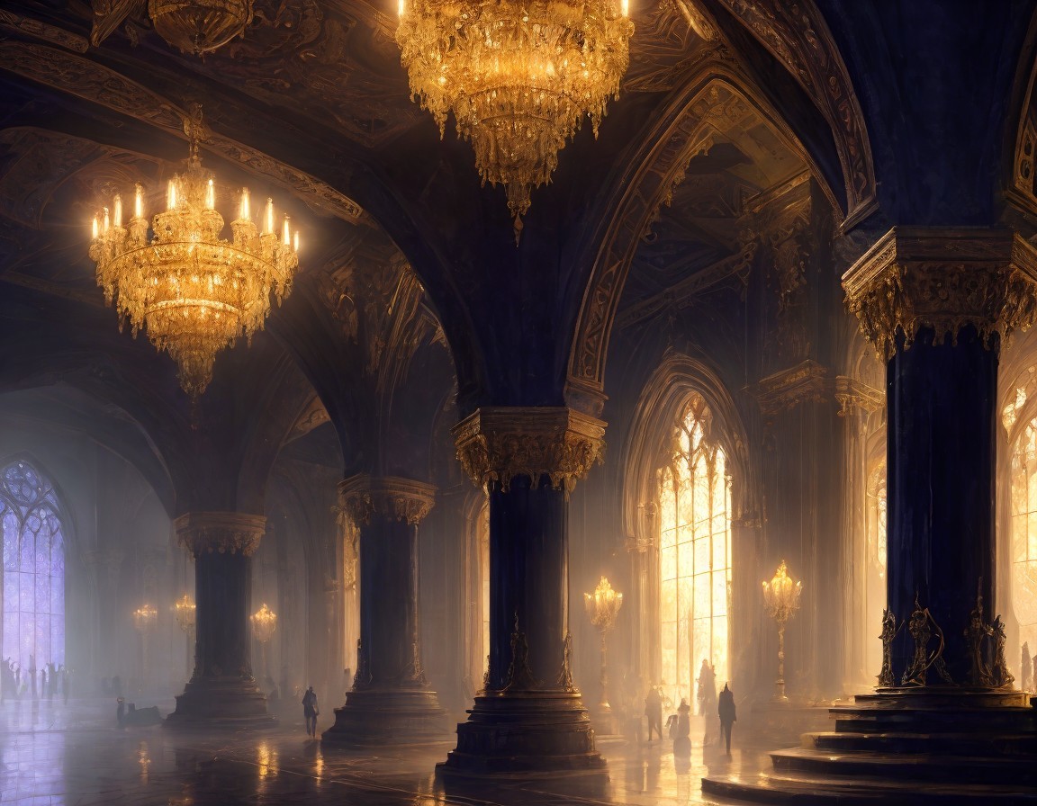 Luxurious Hall with High Ceilings, Ornate Chandeliers, and Silhouetted