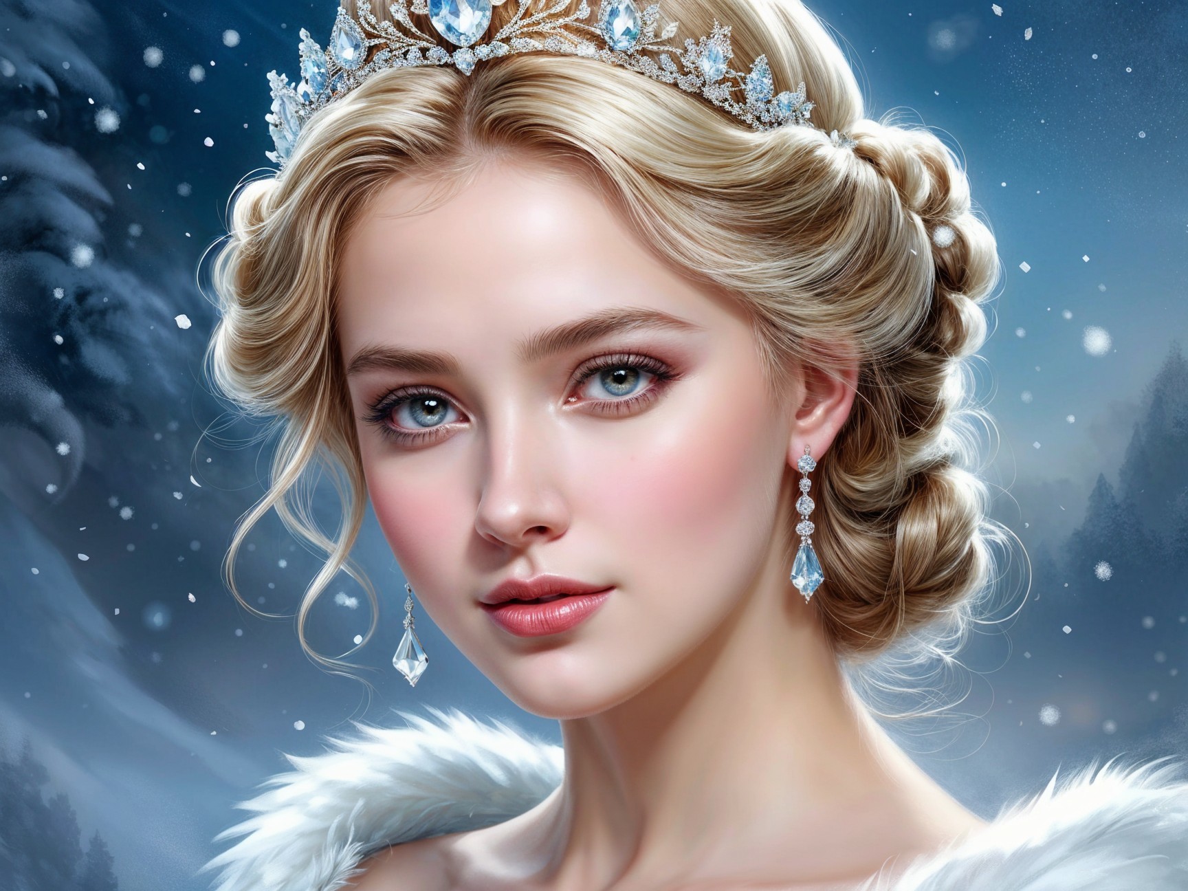 Young woman in elegant updo with tiara in snowy scene