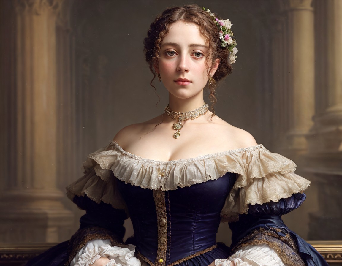 Portrait of woman with intricate hairdo, flowers, navy & cream dress, off-shoulder neckline