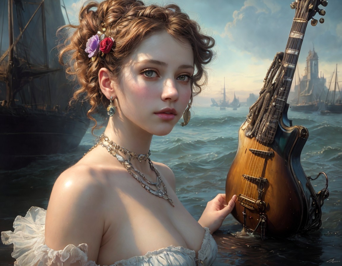 Woman in Period Attire with Guitar and Eldritch Ships