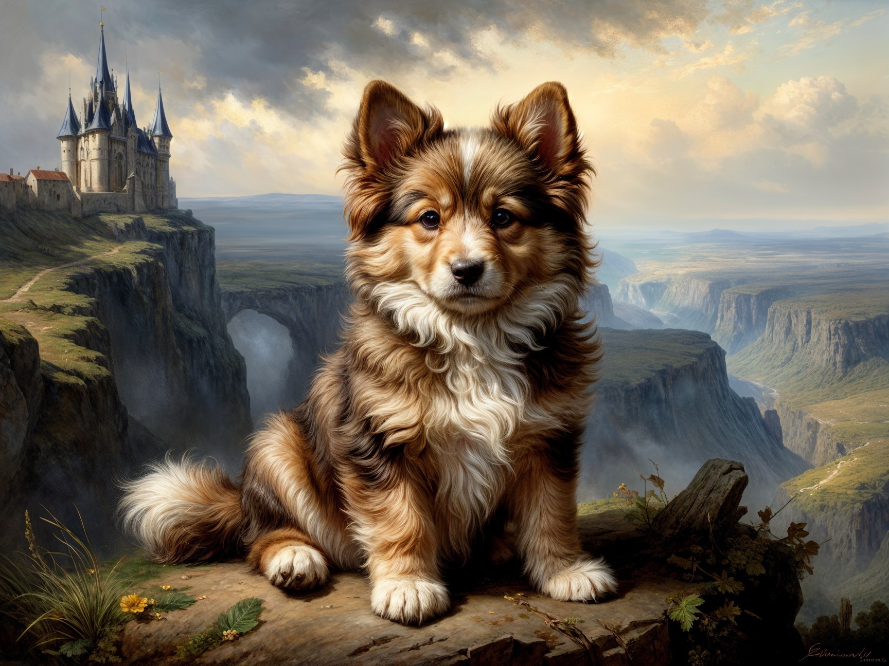 Fluffy Puppy on Rocky Ledge with Castle and Canyon View