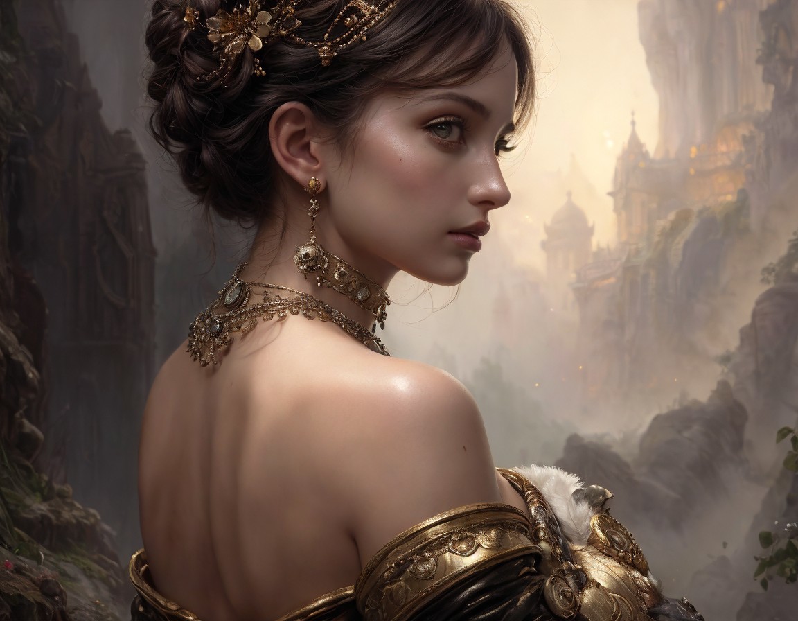 Woman in golden jewelry in a misty cityscape