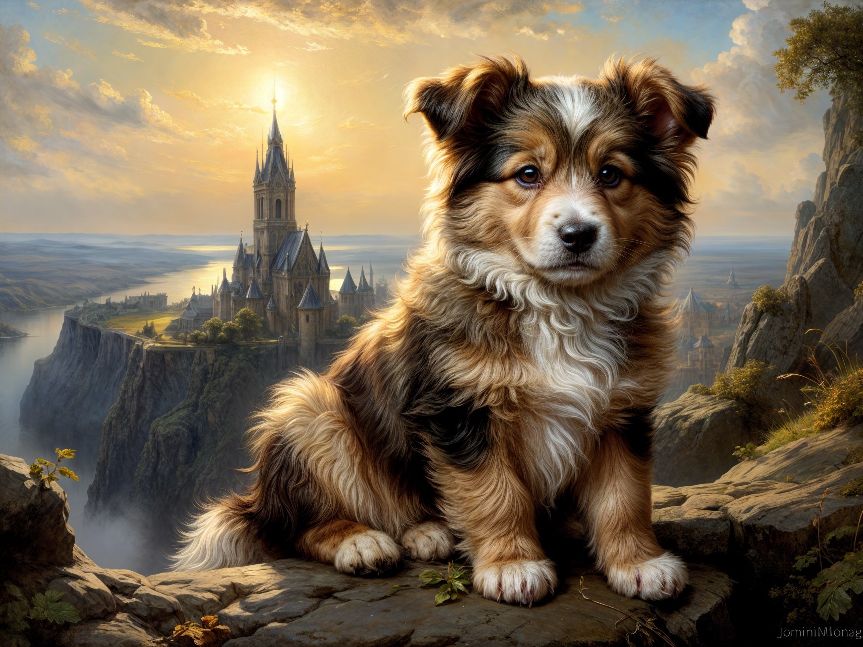 Fluffy Tri-Color Puppy with Mythical Castle Background
