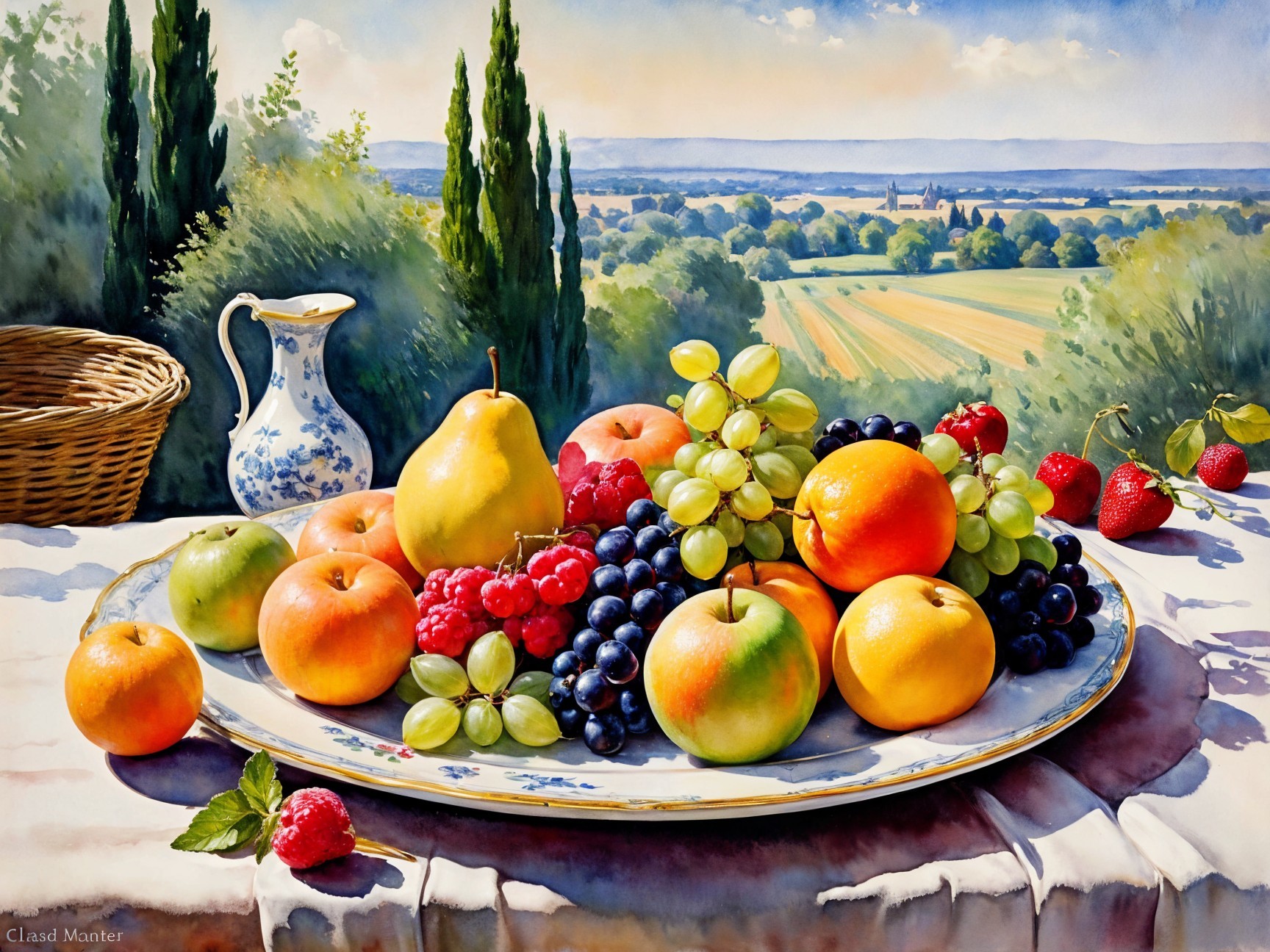 Vibrant Still Life with Assorted Fruits and Countryside Background