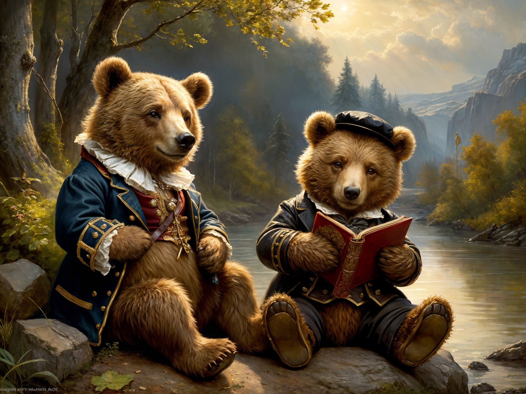 Bears in Historical and Sailor Attire by a River