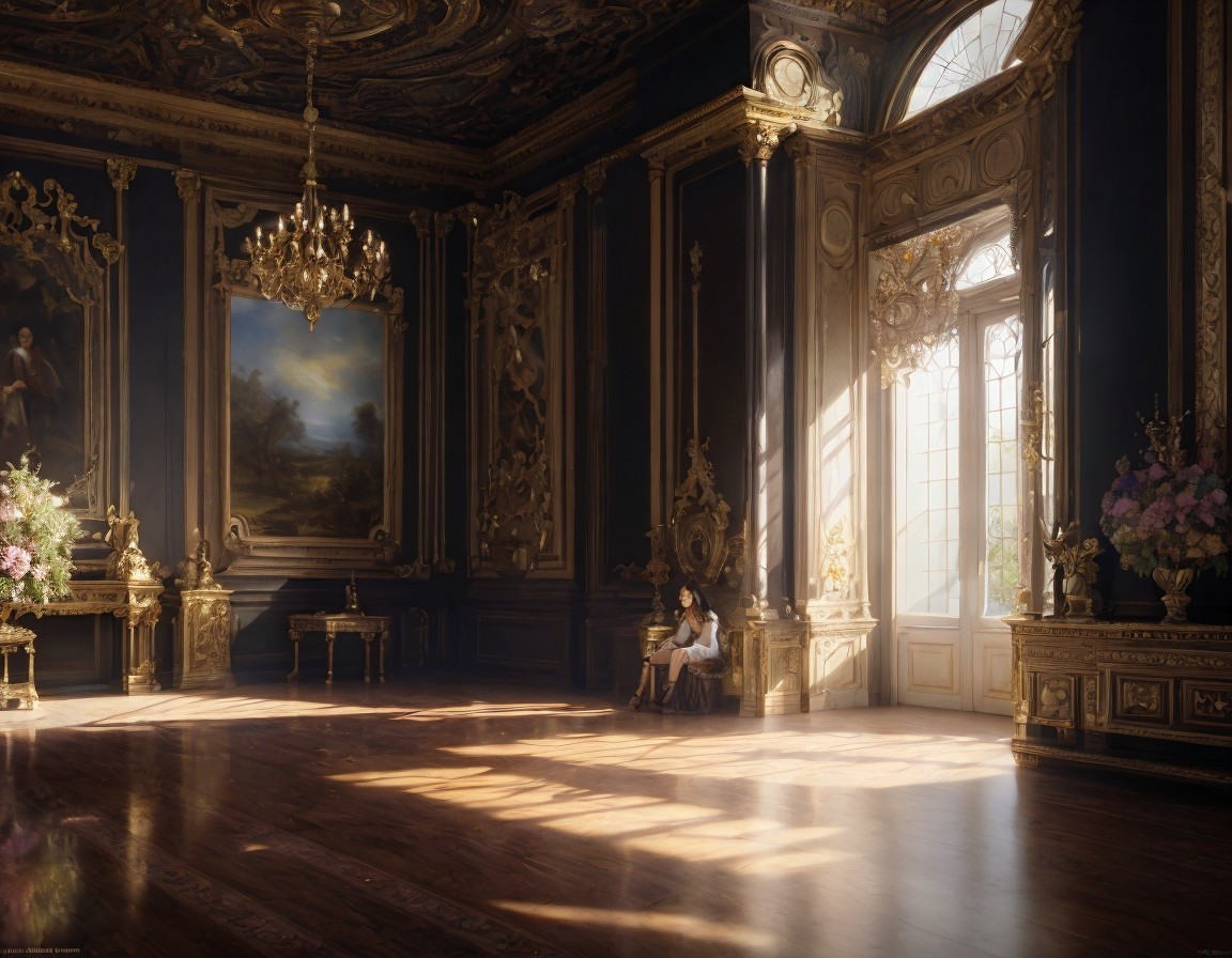 Opulent room with golden moldings and elegant decor