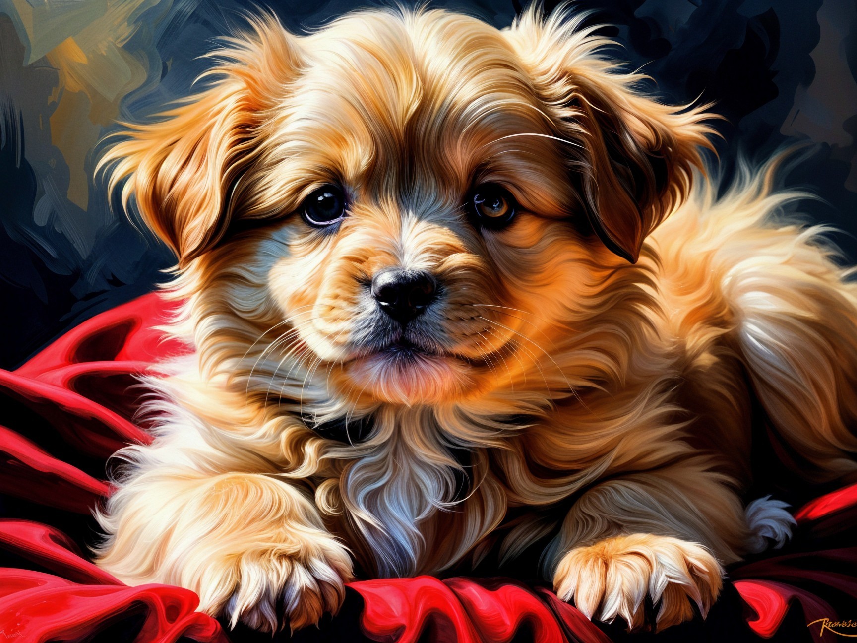 Fluffy Golden Puppy on Vibrant Red Fabric Background