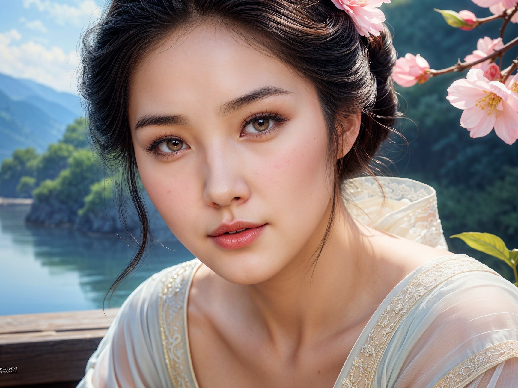Serene portrait of a young woman in a tranquil landscape