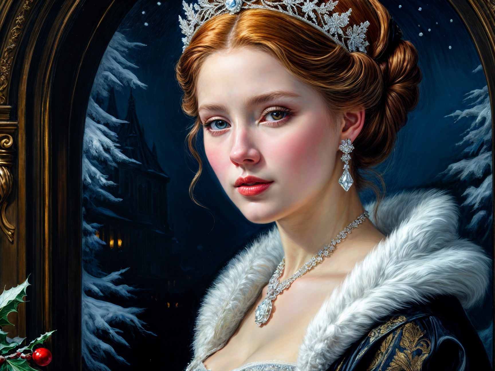 Regal Young Woman in Winter Landscape with Tiara